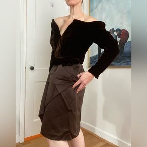 Brown Velvet & Satin 80s off the Shoulder Party Dress